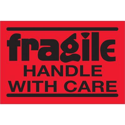View larger image of 2 x 3" - "Fragile - Handle With Care" (Fluorescent Red) Labels