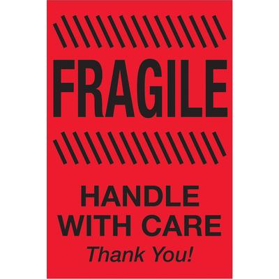 View larger image of 2 x 3" - "Fragile - Handle With Care" (Fluorescent Red) Labels