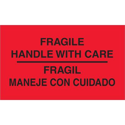 View larger image of 3 x 5" - "Fragil - Maneje Con Cuidado" (Fluorescent Red) Bilingual Labels