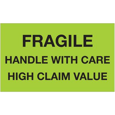 View larger image of 3 x 5" - "Fragile Handle With Care - High Claim Value" (Fluorescent Green) Labels
