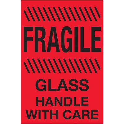 View larger image of 4 x 6" - "Fragile - Glass - Handle With Care" (Fluorescent Red) Labels