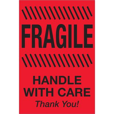 View larger image of 4 x 6" - "Fragile - Handle With Care" (Fluorescent Red) Labels