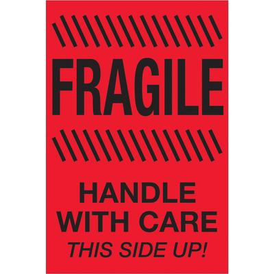 View larger image of 4 x 6" - "Fragile - Handle With Care - This Side Up" (Fluorescent Red) Labels