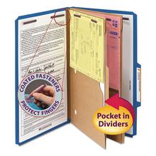 6-Section Pressboard Top Tab Pocket Classification Folders, 6 SafeSHIELD Fasteners, 2 Dividers, Legal Size, Dark Blue, 10/Box