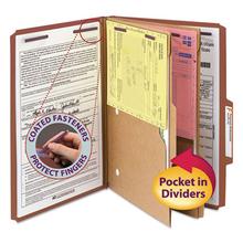 6-Section Pressboard Top Tab Pocket Classification Folders, 6 SafeSHIELD Fasteners, 2 Dividers, Legal Size, Red, 10/Box