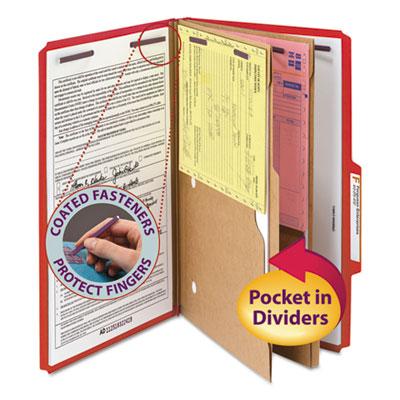 View larger image of 6-Section Pressboard Top Tab Pocket-Style Classification Folders with SafeSHIELD Fasteners, 2 Dividers, Legal, Red, 10/BX