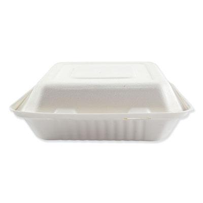 View larger image of Bagasse Food Containers, Hinged-Lid, 3-Compartment 9 x 9 x 3.19, White, Sugarcane, 100/Sleeve, 2 Sleeves/Carton