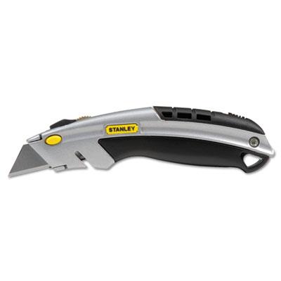 View larger image of Curved Quick-Change Utility Knife, Stainless Steel Retractable Blade, 3 Blades, 6.5" Metal Handle, Black/Chrome