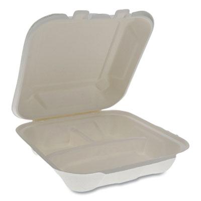 View larger image of EarthChoice Bagasse Hinged Lid Container, 3-Compartment, Dual Tab Lock, 7.8 x 7.8 x 2.8, Natural, Sugarcane, 150/Carton
