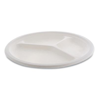 View larger image of EarthChoice Compostable Fiber-Blend Bagasse Dinnerware, 3-Compartment Plate, 10" Diameter, Natural, 500/Carton