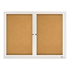 Enclosed Indoor Cork Bulletin Board with Two Hinged Doors, 48 x 36, Tan Surface, Silver Aluminum Frame