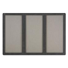 Enclosed Indoor Fabric Bulletin Board with Three Hinged Doors, 72 x 48, Gray Surface, Graphite Aluminum Frame