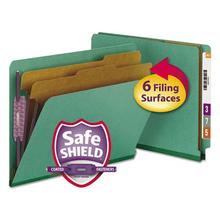 End Tab Pressboard Classification Folders, Six SafeSHIELD Fasteners, 2" Expansion, 2 Dividers, Letter Size, Green, 10/Box