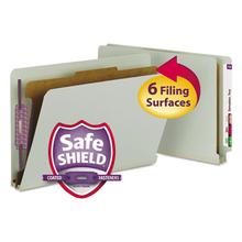 End Tab Pressboard Classification Folders, Four SafeSHIELD Fasteners, 2" Expansion, 1 Divider, Legal Size, Gray-Green, 10/Box