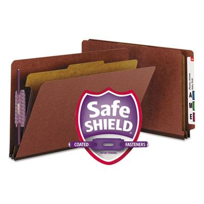 View larger image of End Tab Pressboard Classification Folders, Four SafeSHIELD Fasteners, 2" Expansion, 1 Divider, Legal Size, Red, 10/Box