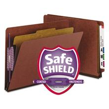 End Tab Pressboard Classification Folders, Four SafeSHIELD Fasteners, 2" Expansion, 1 Divider, Letter Size, Red, 10/Box