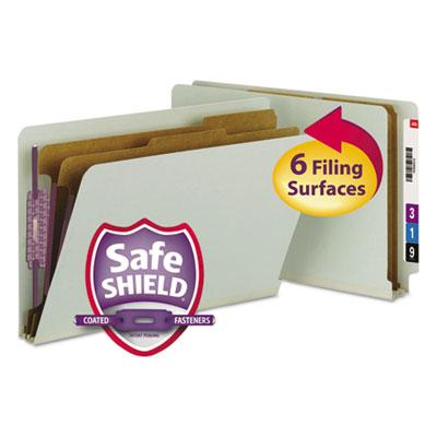 View larger image of End Tab Pressboard Classification Folders, Six SafeSHIELD Fasteners, 2" Expansion, 2 Dividers, Legal Size, Gray-Green, 10/Box