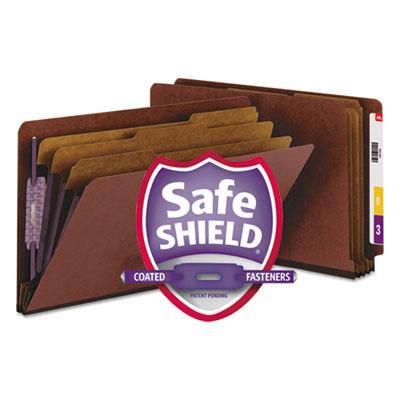 View larger image of End Tab Pressboard Classification Folders, Eight SafeSHIELD Fasteners, 3" Expansion, 3 Dividers, Legal Size, Red, 10/Box