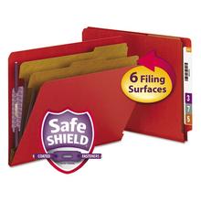 End Tab Pressboard Classification Folders, Six SafeSHIELD Fasteners, 2" Expansion, 2 Dividers, Letter Size, Bright Red, 10/BX