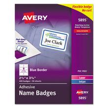 Flexible Adhesive Name Badge Labels, 3.38 x 2.33, White/Blue Border, 400/Box