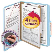 Four-Section Pressboard Top Tab Classification Folders, Four SafeSHIELD Fasteners, 1 Divider, Letter Size, Blue, 10/Box