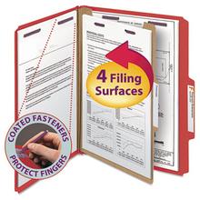 Four-Section Pressboard Top Tab Classification Folders, Four SafeSHIELD Fasteners, 1 Divider, Letter Size, Bright Red, 10/Box