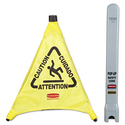 View larger image of Multilingual "Caution" Pop-Up Safety Cone, 3-Sided, Fabric, 21 x 21 x 20, Yellow