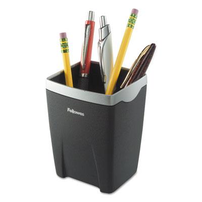 View larger image of Office Suites Divided Pencil Cup, Plastic, 3 1/16 x 3 1/16 x 4 1/4, Black/Silver