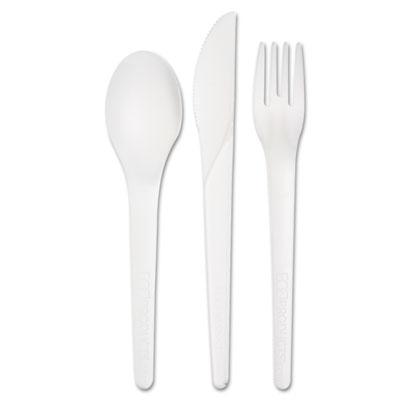 View larger image of Plantware Compostable Cutlery Kit, Knife/Fork/Spoon/Napkin, 6", Pearl White, 250 Kits/Carton