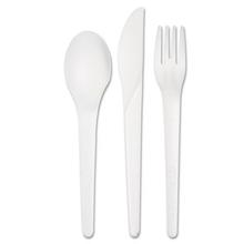 Plantware Compostable Cutlery Kit, Knife/Fork/Spoon/Napkin, 6", Pearl White, 250 Kits/Carton