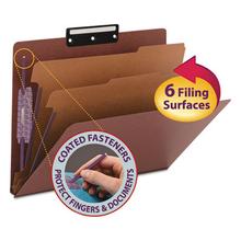 Pressboard Classification Folders, Six SafeSHIELD Fasteners, 1/3-Cut Tabs, 2 Dividers, Letter Size, Red, 10/Box