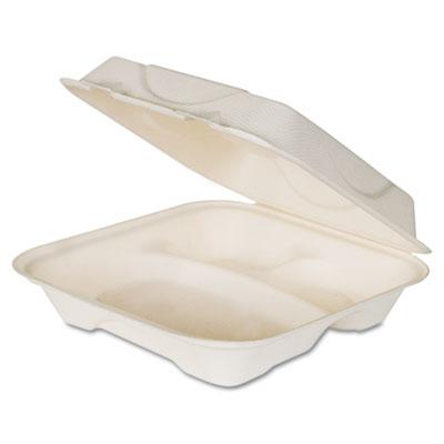 View larger image of Bagasse Hinged Clamshell Containers, 3-Compartment, 9 x 9 x 3, White, Sugarcane, 50/Pack, 4 Packs/Carton