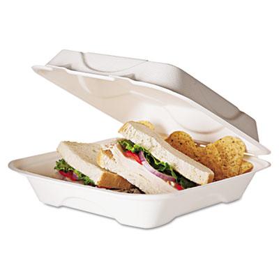 View larger image of Bagasse Hinged Clamshell Containers, 9 x 9 x 3, White, Sugarcane, 50/Pack, 4 Packs/Carton