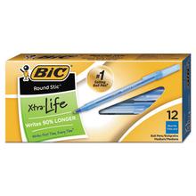 Round Stic Xtra Life Stick Ballpoint Pen, 1 mm, Blue Ink, Translucent Blue Barrel, Dozen