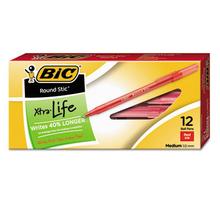 Round Stic Xtra Life Stick Ballpoint Pen, 1 mm, Red Ink, Translucent Red Barrel, Dozen