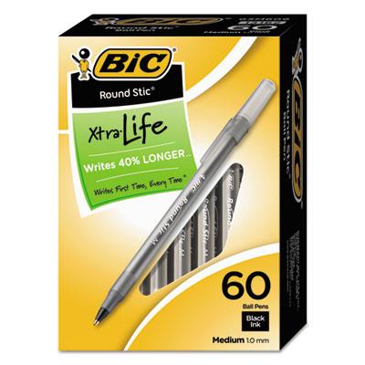 View larger image of Round Stic Xtra Life Ballpoint Pen Value Pack, Stick, Medium 1 mm, Black Ink, Translucent Frost Barrel, 60/Box