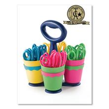 Scissor Caddy With Kids' Scissors, 5" Long, 2" Cut Length, Light Blue; Light Green; Pink; Yellow, Straight Handles, 24/set