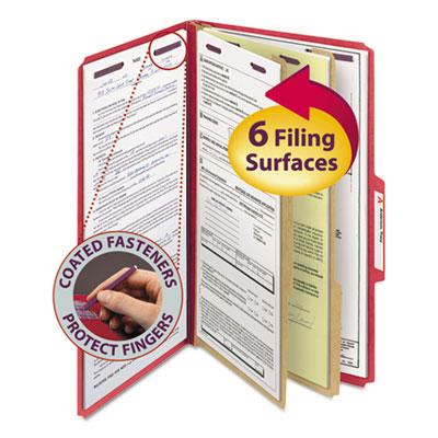 View larger image of Six-Section Pressboard Top Tab Classification Folders, Six SafeSHIELD Fasteners, 2 Dividers, Legal Size, Bright Red, 10/Box