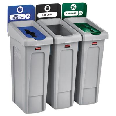 View larger image of Slim Jim Recycling Station Kit, 3-Stream Landfill/Mixed Recycling, 69 gal, Plastic, Blue/Gray/Green