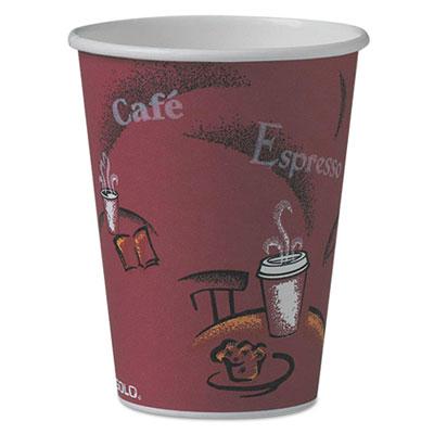 View larger image of Paper Hot Drink Cups in Bistro Design, 12 oz, Maroon, 50/Pack