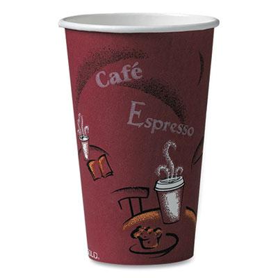 View larger image of Paper Hot Drink Cups in Bistro Design, 16 oz, Maroon, 50/Pack