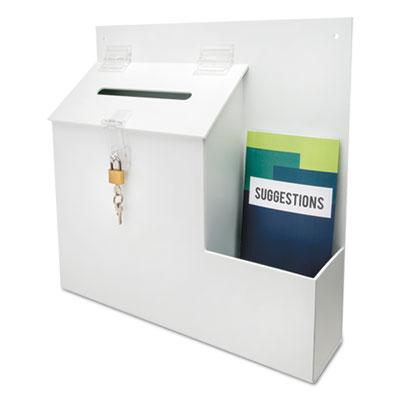 View larger image of Suggestion Box Literature Holder with Locking Top, 13.75 x 3.63 x 13.94, Plastic, White, Ships in 4-6 Business Days