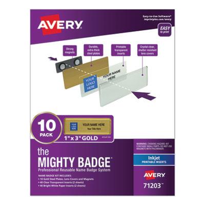 View larger image of The Mighty Badge Name Badge Holder Kit, Horizontal, 3 x 1, Inkjet, Gold, 10 Holders/ 80 Inserts