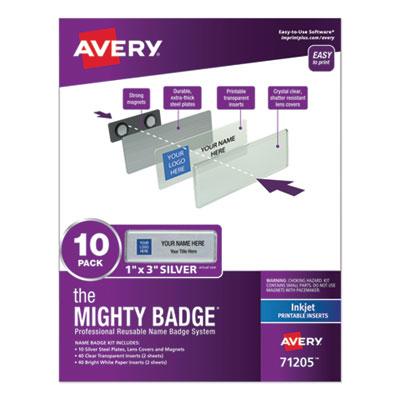 View larger image of The Mighty Badge Name Badge Holder Kit, Horizontal, 3 x 1, Inkjet, Silver, 10 Holders/ 80 Inserts