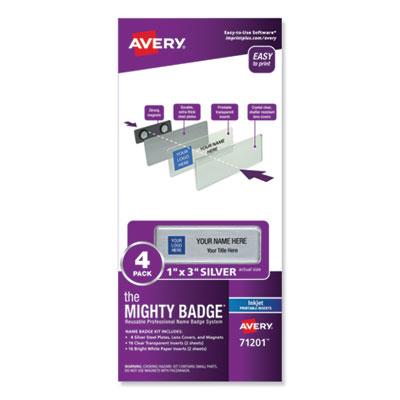 View larger image of The Mighty Badge Name Badge Holder Kit, Horizontal, 3 x 1, Inkjet, Silver, 4 Holders/32 Inserts