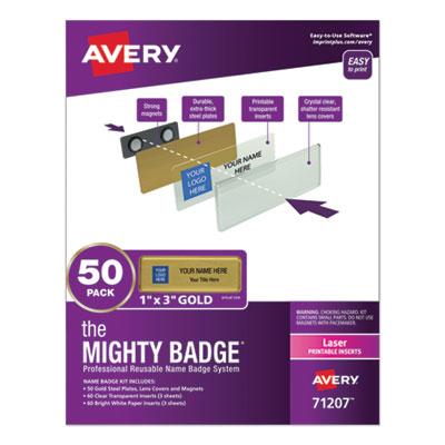 View larger image of The Mighty Badge Name Badge Holder Kit, Horizontal, 3 x 1, Laser, Gold, 50 Holders/120 Inserts