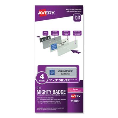 View larger image of The Mighty Badge Name Badge Holder Kit, Horizontal, 3 x 1, Laser, Silver, 4 Holders/32 Inserts
