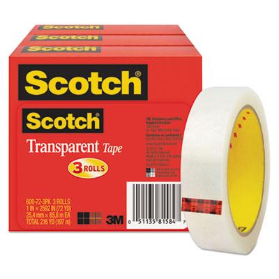 View larger image of Transparent Tape, 3" Core, 1" x 72 yds, Transparent, 3/Pack