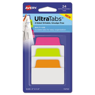 View larger image of Ultra Tabs Repositionable Tabs, Standard: 2" x 1.5", 1/5-Cut, Assorted Neon Colors, 24/Pack