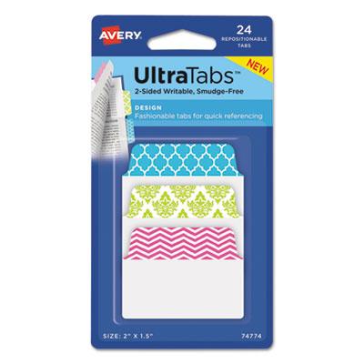 View larger image of Ultra Tabs Repositionable Tabs, Fashion Patterns: 2" x 1.5", 1/5-Cut, Assorted Colors, 24/Pack